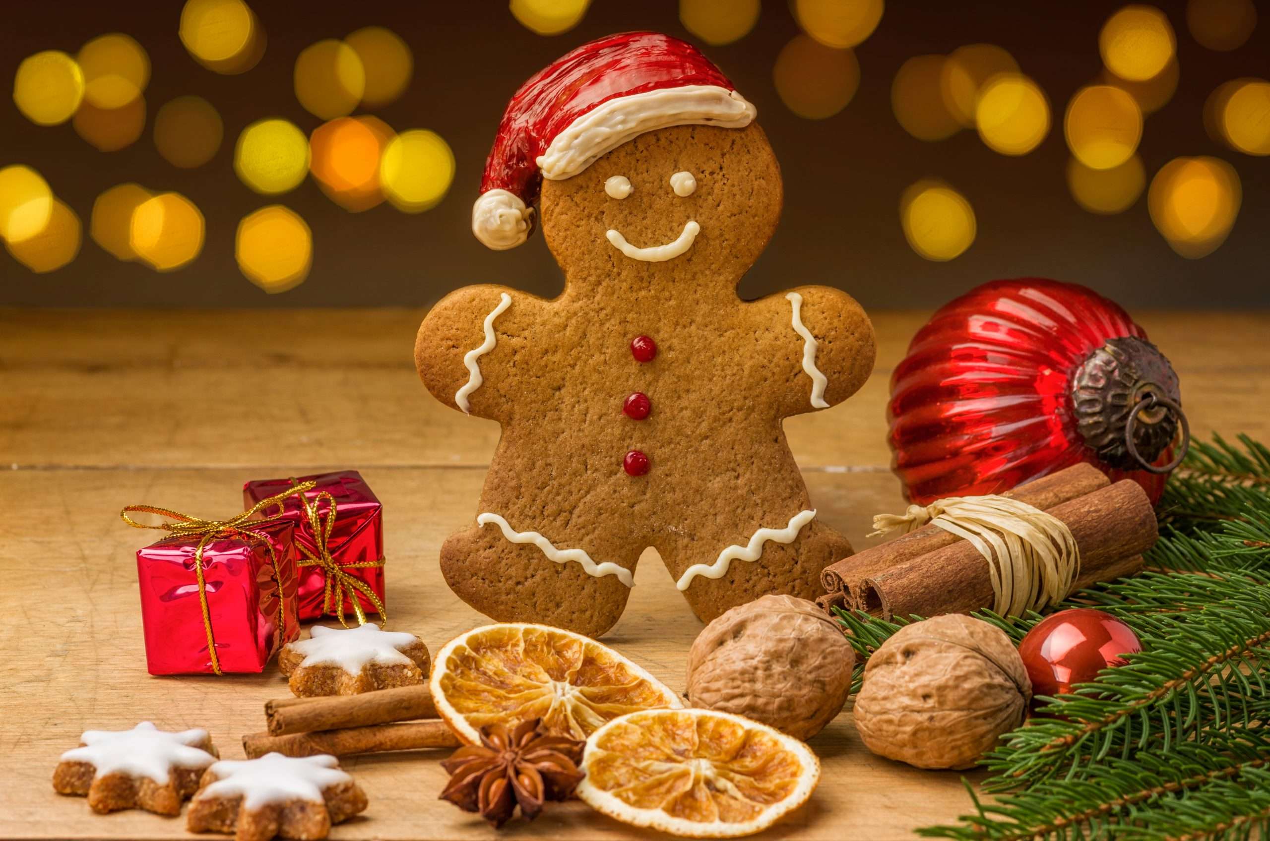 Gingerbread man cookie with festive spices and decorations