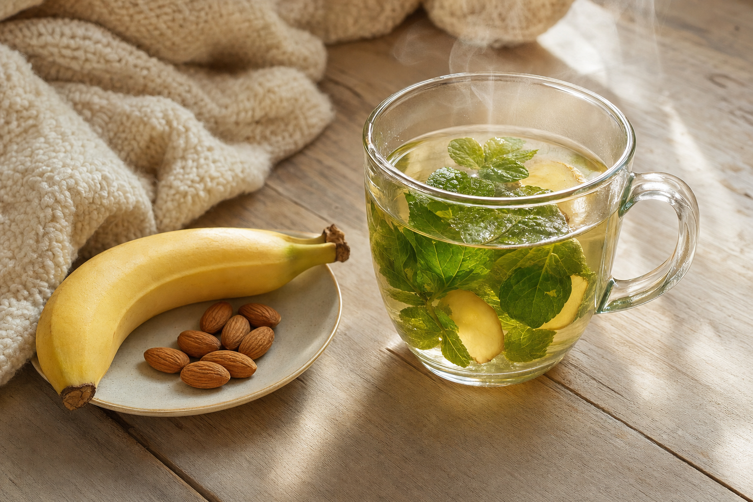 Ginger and peppermint tea with a banana and almonds