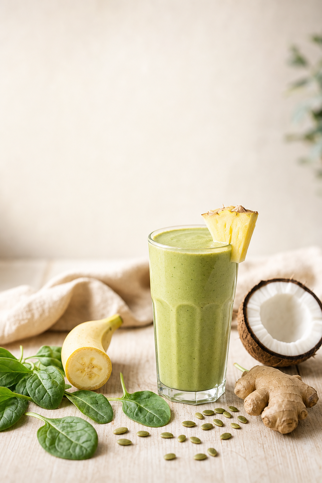 Green smoothie with spinach, avocado, pineapple and banana