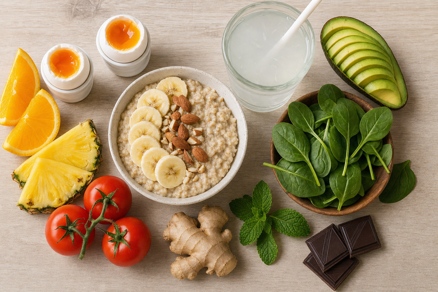 Overhead view of foods that help replenish nutrients after drinking: oatmeal, eggs, coconut water, avocado, spinach, citrus and ginger
