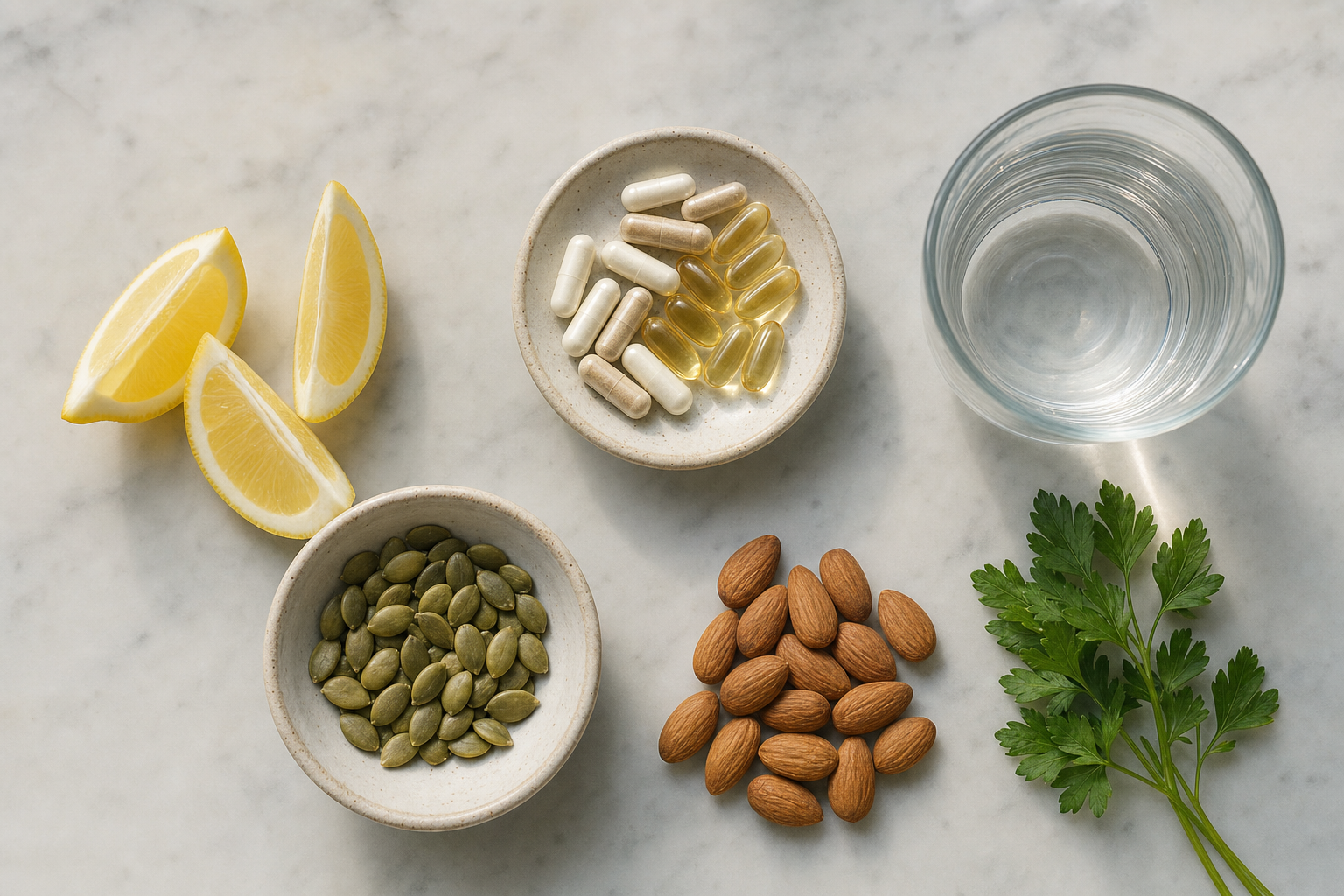 Capsules, lemon wedges, pumpkin seeds, almonds and parsley on a marble surface