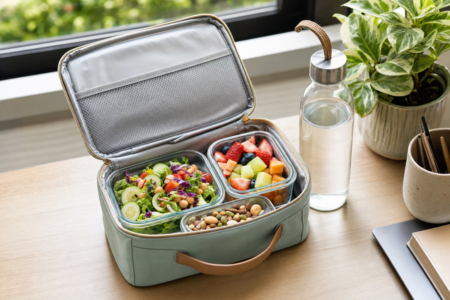 Open lunch cooler bag with a salad, cut fruit and snacks