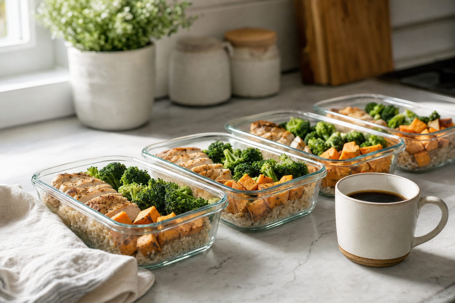 Glass meal-prep containers with chicken, rice, sweet potato and broccoli