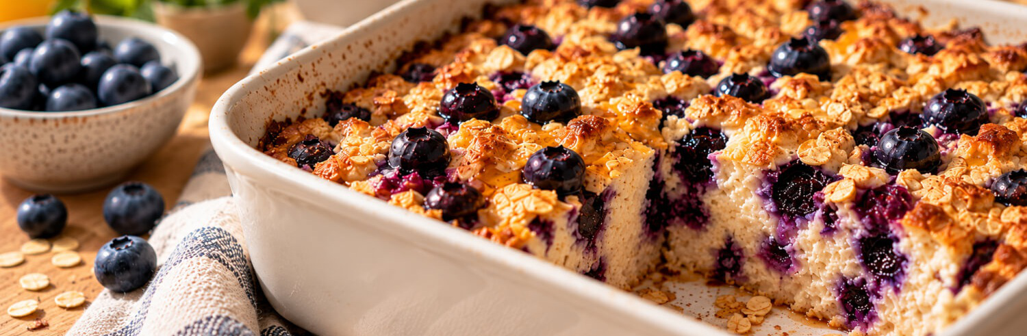 Baking dish of blueberry cottage cheese breakfast bake with a slice cut out