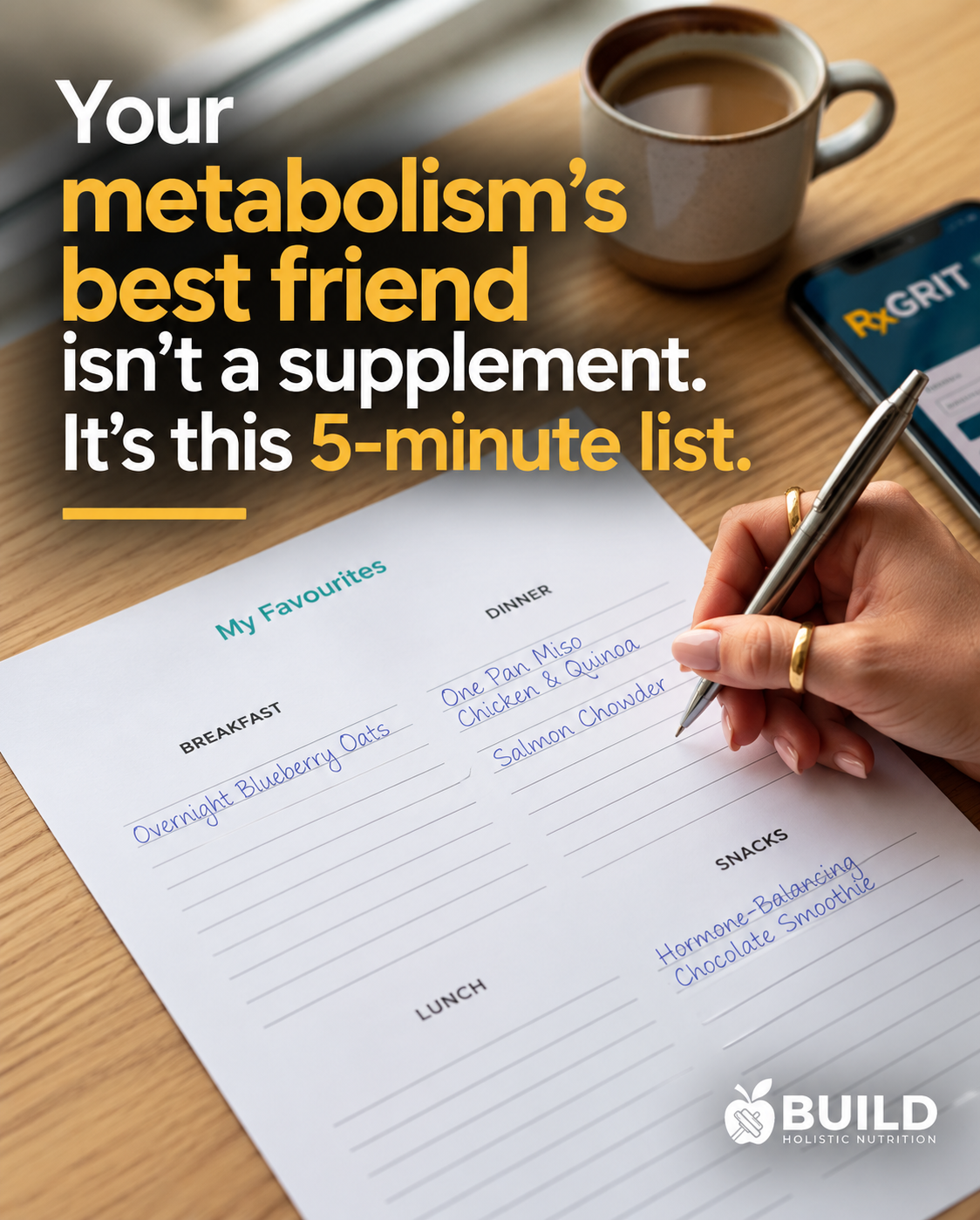 Your metabolism's best friend isn't a supplement. It's this 5-minute list. A hand writing a My Favourites meal list